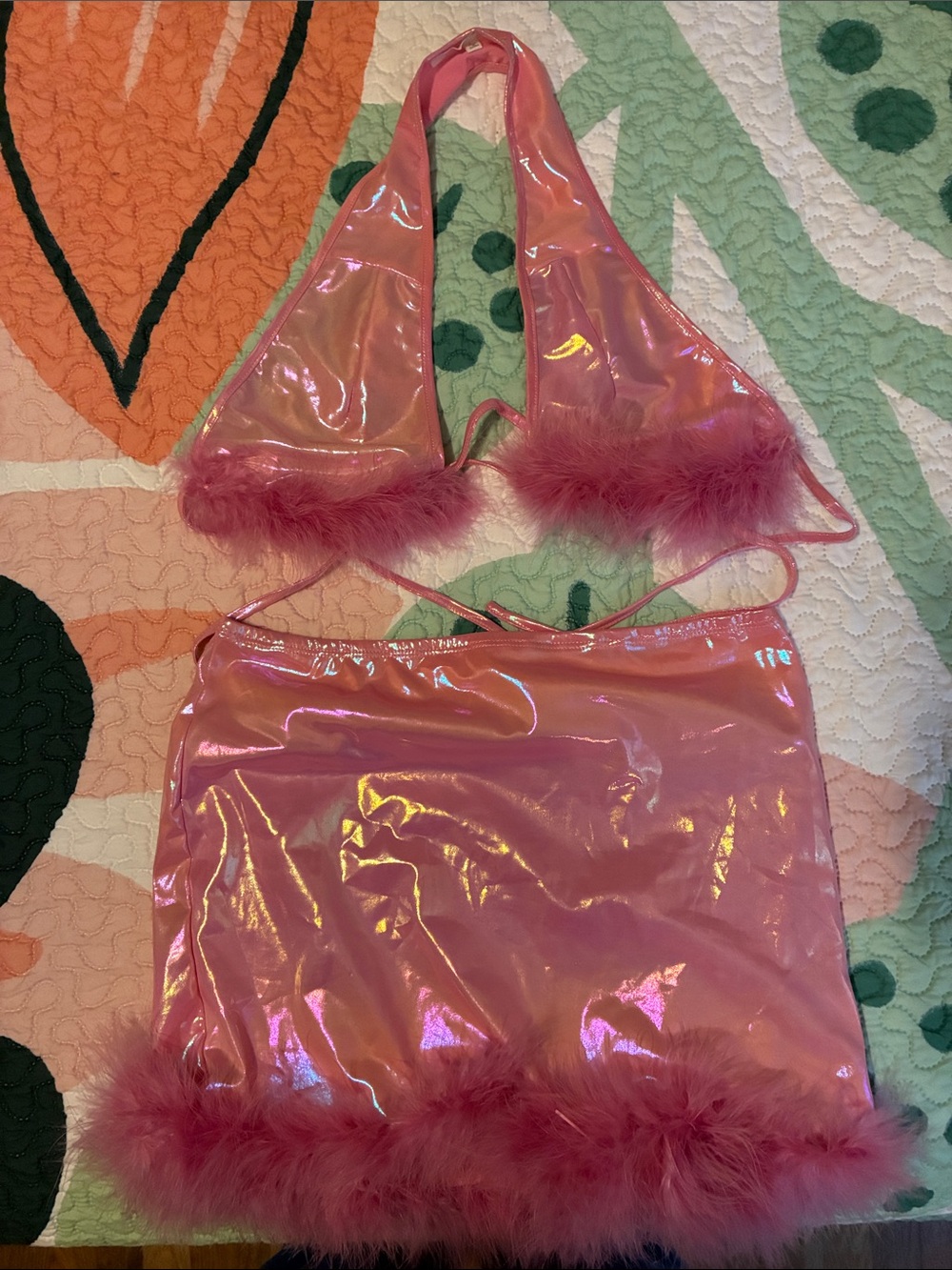 Bear Dance Pink Iridescent Two-Piece Marabou Trim Set